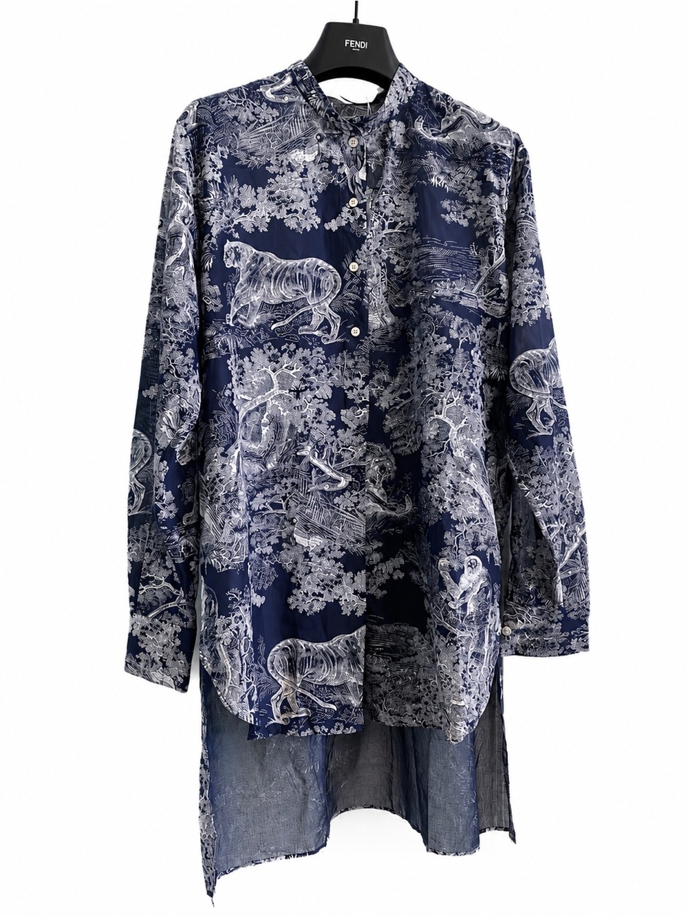 Dior Women's Navy Blue and White Printed Button-Down Shirt